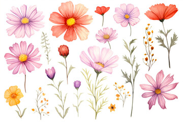 Watercolor paintings Cosmos flower symbols On a white background. 