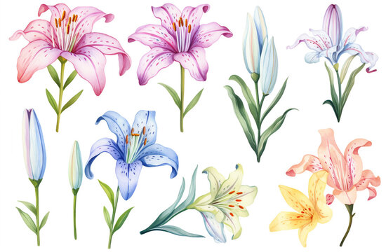 Watercolor paintings Lily flower symbols On a white background. 