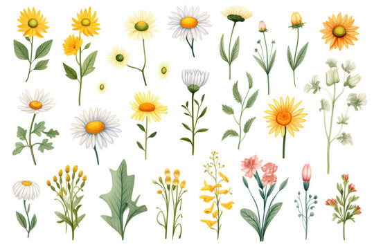 Watercolor paintings Daisy flower symbols On a white background. 