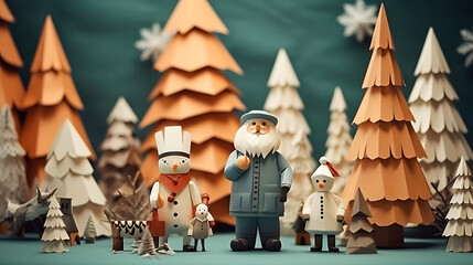 A group of handmade wooden Christmas tree decorations. Forest composition