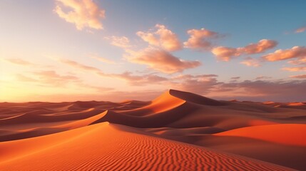 Fototapeta na wymiar A serene desert landscape with endless sand dunes, touched by the golden rays of the setting sun.