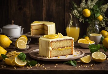 Lemonade cake placed on a rustic wooden table