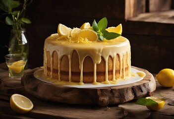 Lemonade cake placed on a rustic wooden table