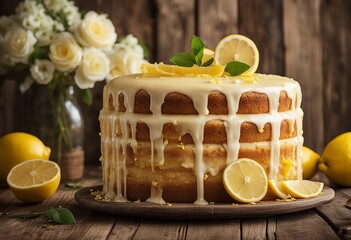 Lemonade cake placed on a rustic wooden table