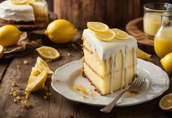 Lemonade cake placed on a rustic wooden table