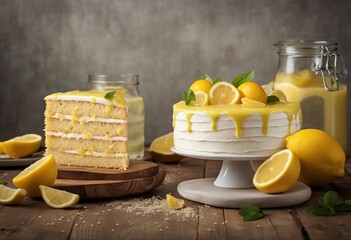 Lemonade cake placed on a rustic wooden table