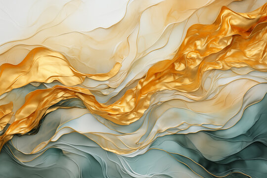 Gold and teal blue abstract waves luxury background. Golden colors texture wavy waves, three-dimensional curvy shiny metallic glowing backdrop for copy space text.