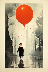art deco movie advertisement poster, red balloon and a boy 