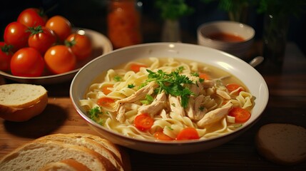 Beautiful juicy dish of a bowl of chicken noodle soup at home 