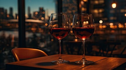 cinematic shot, two red wine glasses sitting on a restaurant table in a beautiful evening setting of a New York restaurant  
