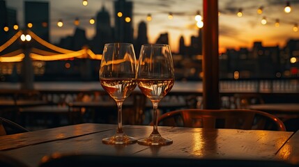 cinematic shot, two wine glasses sitting on a bar table in a beautiful evening, background setting...