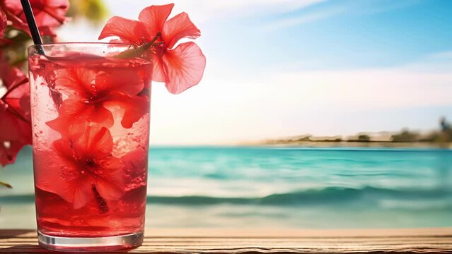 The vibrant red of hibiscus flowers floating atop a glass of iced tea, the scent of the tropics filling the air as seagulls glide by in the background, making this a truly refreshing coastal