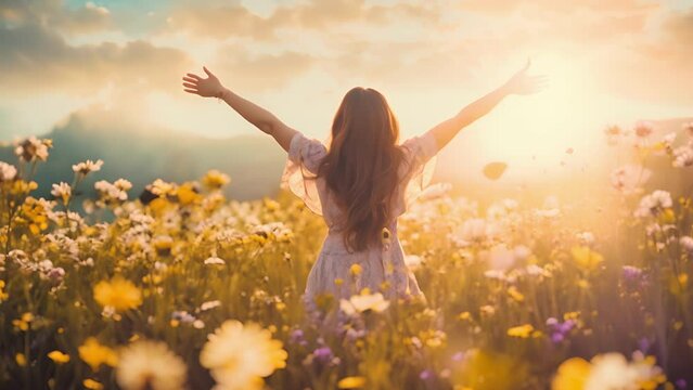 A person standing amidst a field of wildflowers, stretching their arms out to embrace the suns warm rays and feel the earth beneath their feet.