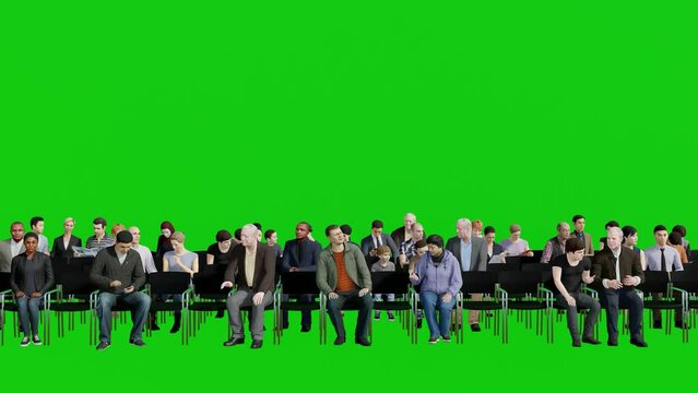 Group of 3d Human Sitting and Talking on Green Screen 