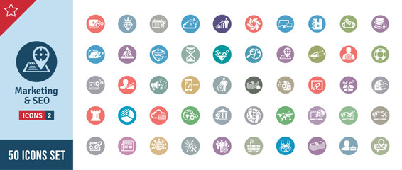 Marketing & SEO Icon Set. Search Engine Optimization, Advertising, Website, Business, Marketing, Traffic, Ranking, Optimization, Keyword & Many More. SEO Round Vector Icons Collection
