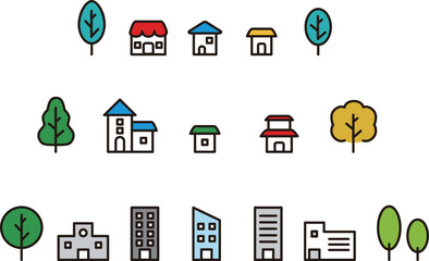 アイコン　あしらい　ピクト　住宅　ビル　木　ピクトグラム　あしらい　シンプル　線　イラスト素材セット