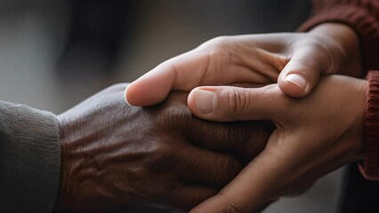 Closeup of a volunteer praying with a community member, holding their hands and offering words of comfort and hope. The volunteers eyes are closed in concentration, while the community member
