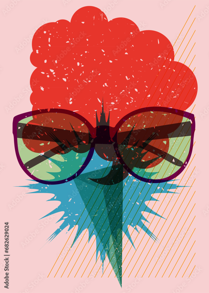 Poster risograph eyeglasses and speech bubble with geometric shapes. eyewear object in trendy riso graph de