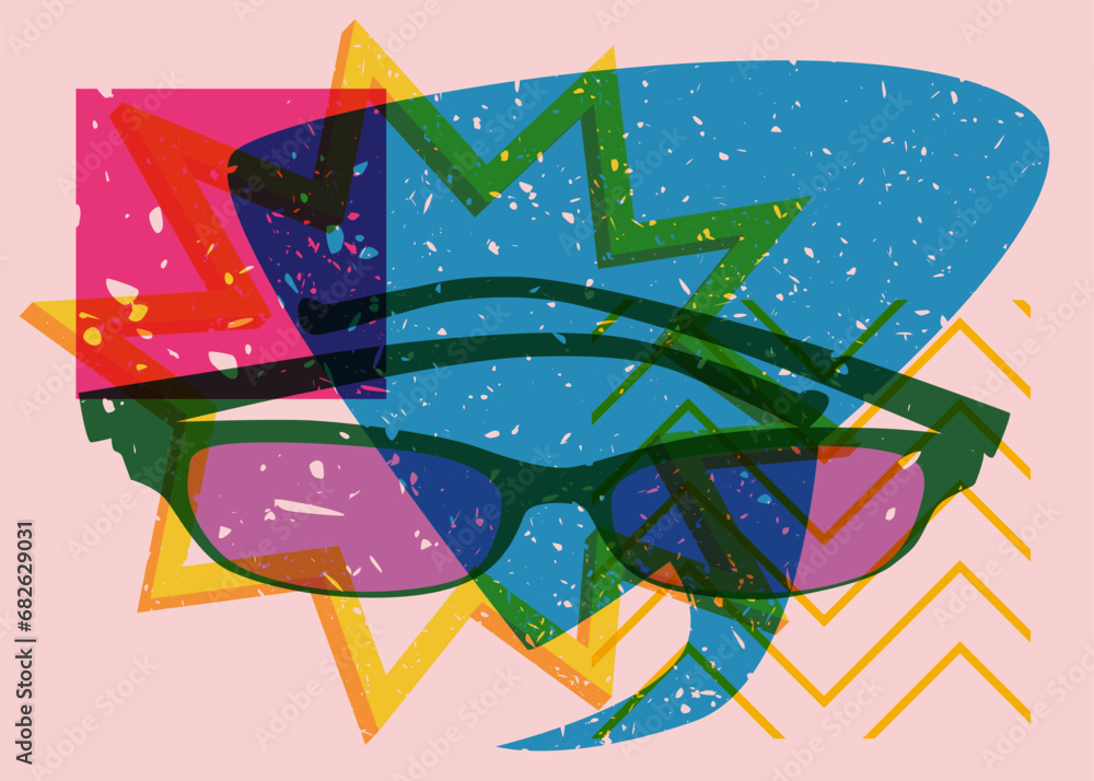 Poster risograph eyeglasses and speech bubble with geometric shapes. eyewear object in trendy riso graph de
