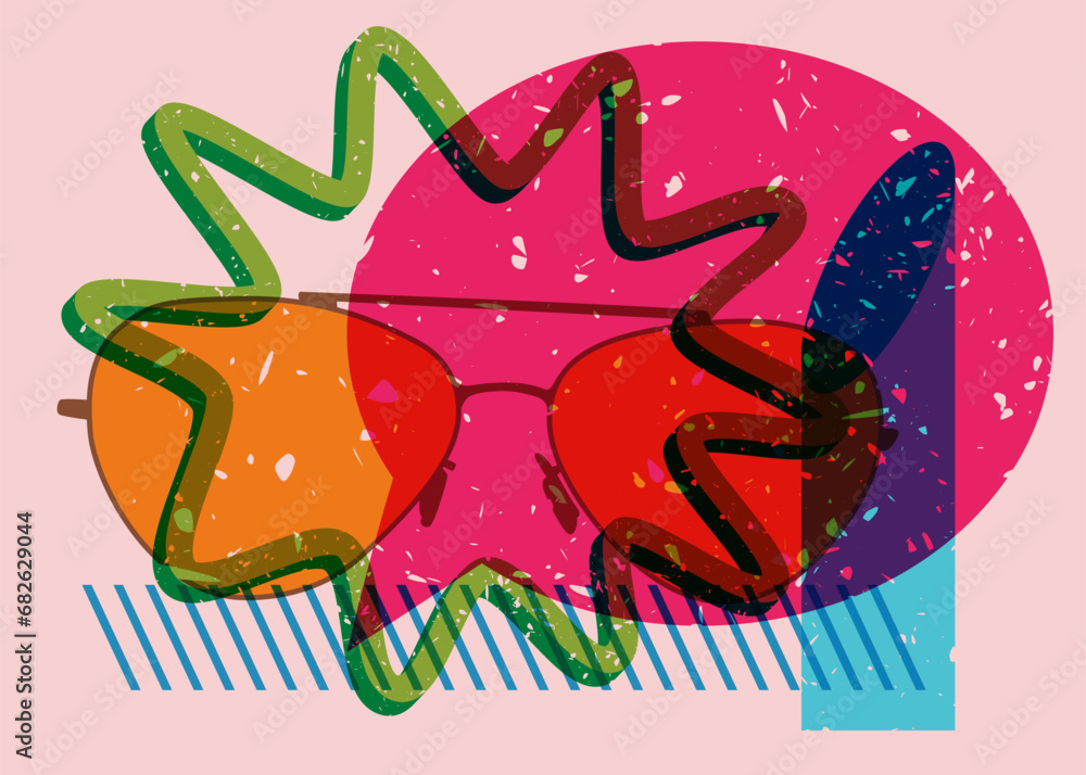 Poster risograph eyeglasses and speech bubble with geometric shapes. eyewear object in trendy riso graph de