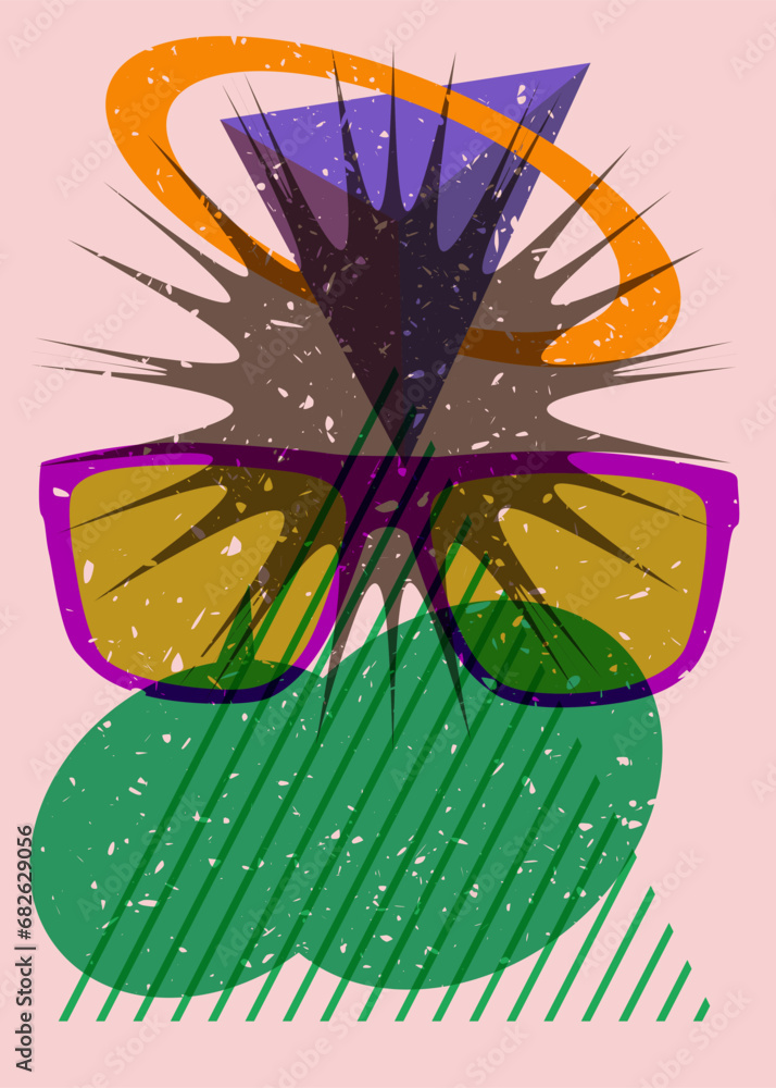 Poster risograph eyeglasses and speech bubble with geometric shapes. eyewear object in trendy riso graph de