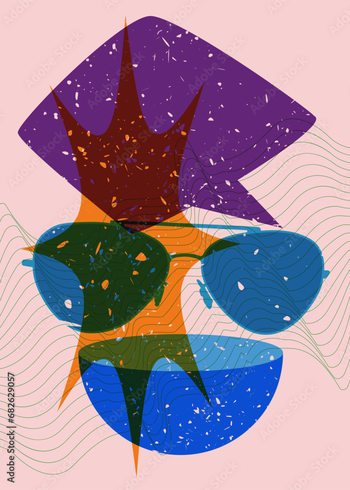 Poster risograph eyeglasses and speech bubble with geometric shapes. eyewear object in trendy riso graph de