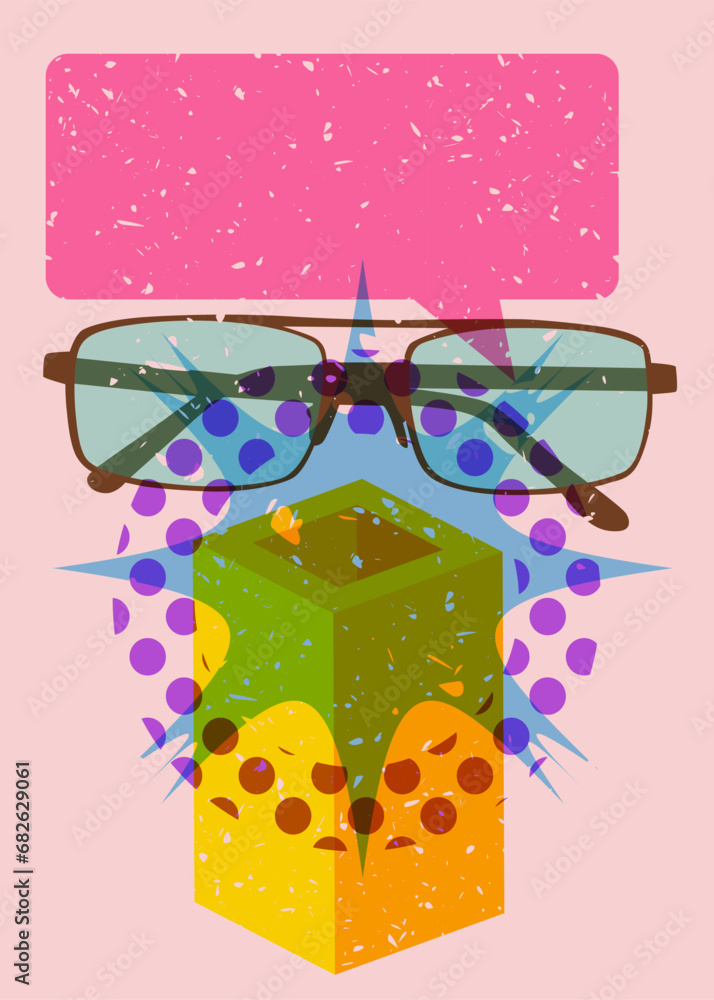 Poster risograph eyeglasses and speech bubble with geometric shapes. eyewear object in trendy riso graph de