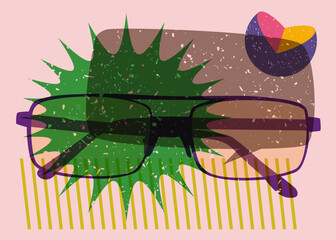 Risograph Eyeglasses and speech bubble with geometric shapes. Eyewear object in trendy riso graph design with geometry elements.