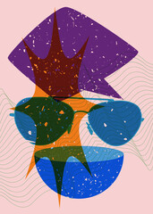 Risograph Eyeglasses and speech bubble with geometric shapes. Eyewear object in trendy riso graph design with geometry elements.