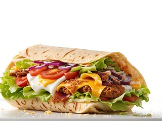 Close-up view of a buffalo chicken wrap. Healthy lunch snack.