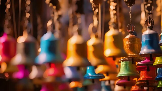 A breathtaking image of colorful church bells ringing in unison, adding a vibrant touch to the traditional and solemn ritual.