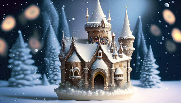Image of snow falling on a cute fairy tale castle ornament.