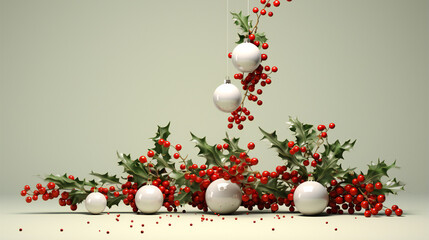 christmas background with christmas branches Christmas berries. Branch of a natural Christmas tree with red balls of berries.
