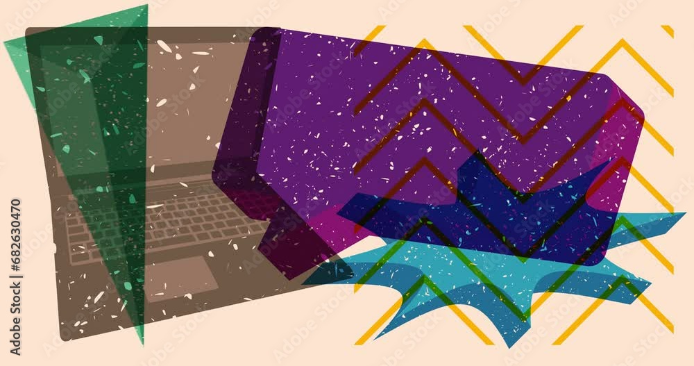 Poster risograph laptop with speech bubble and geometric shapes animation. moving object in trendy riso gra
