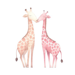 Watercolor illustration of couple giraffe, Cute character, Valentine concept, Isolated on background.