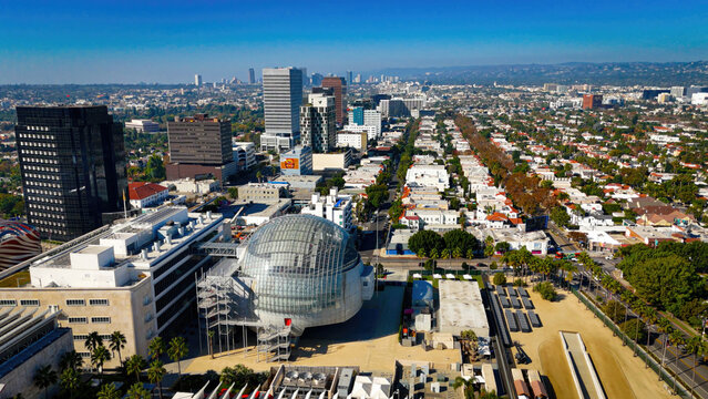 Saban Building and Observation Dome at the Academy of Motion Pictures Museum in Hollywood aerial view - Los Angeles Drone footage - LOS ANGELES, USA - NOVEMBER 5, 2023