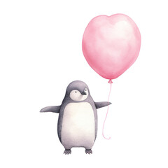 Watercolor illustration of a penguin with heart balloon, Cute character, Valentine concept, Isolated on background.