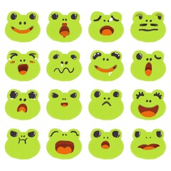 Obraz premium Collection of frog emoji faces with different mood. Set of cartoon emoji frog characters designs.