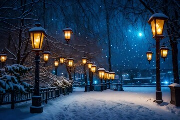 Winter night park with lanterns and Christmas decorations in heavy snowfall.
