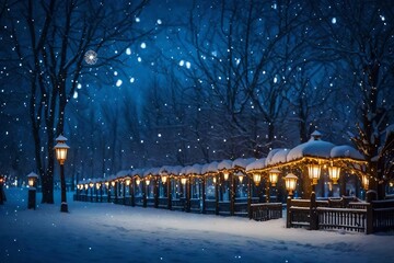 Winter night park with lanterns and Christmas decorations in heavy snowfall.
