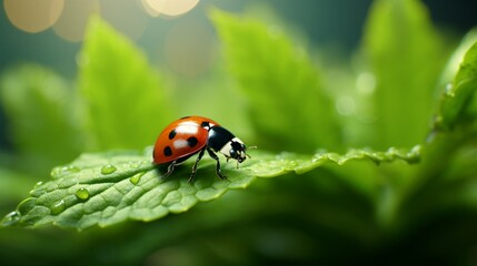 A vibrant ladybug perched on a lush green leaf in a