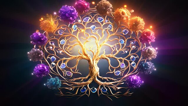 Concept photo of a tree of life, a universal symbol found in many faiths, intertwined with a Dharma wheel, symbolizing the cyclical nature of existence in Buddhism.