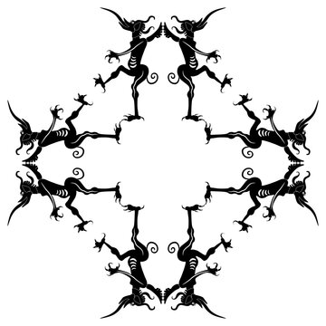 Geometrical cross shape ornament or frame with medieval devils. Black and white silhouette.