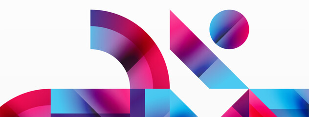 Obraz premium Geometric background with squares, triangles, circles. Shapes harmoniously interact, creating visually striking design for digital designs, presentations, website banners, social media posts
