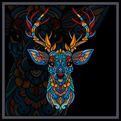 Colorful Deer head mandala arts isolated on black background