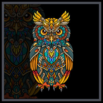 Colorful Owl mandala arts isolated on black background