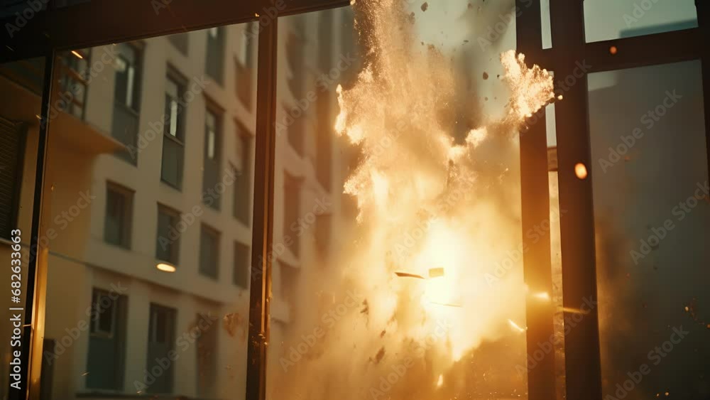 Poster a thunderous explosion erupts, causing windows to shatter and buildings to quake.
