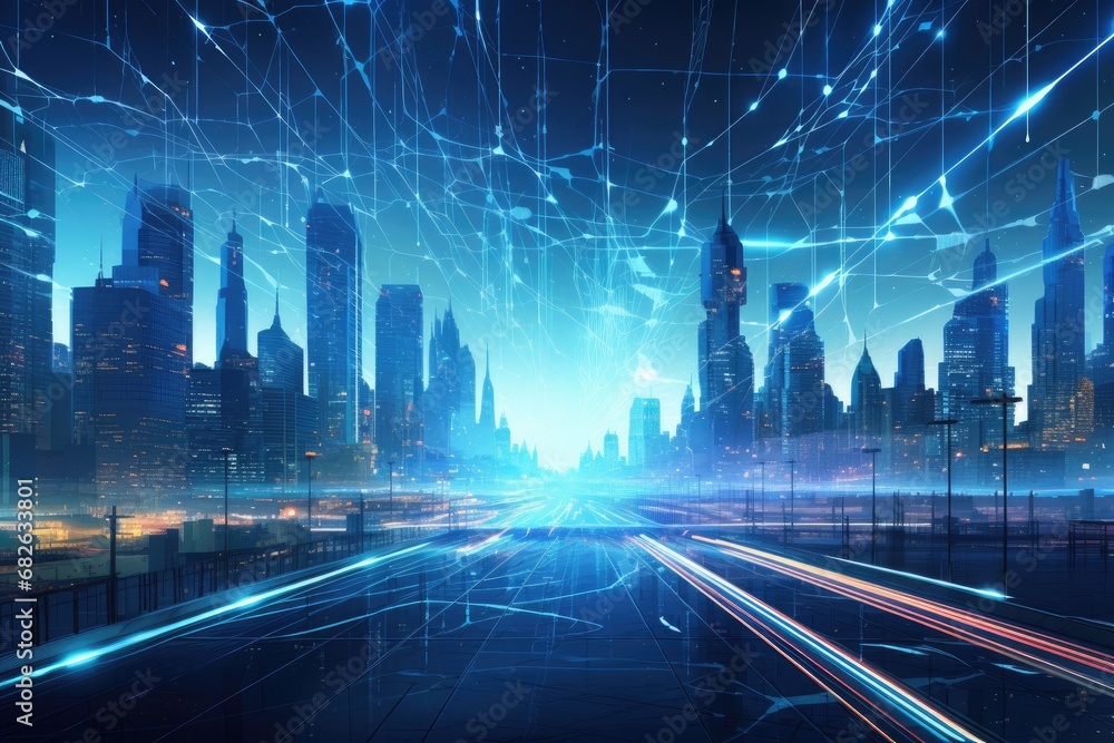 Poster futuristic city with high-tech connection lines. 3d rendering, a futuristic urban city backdrop with