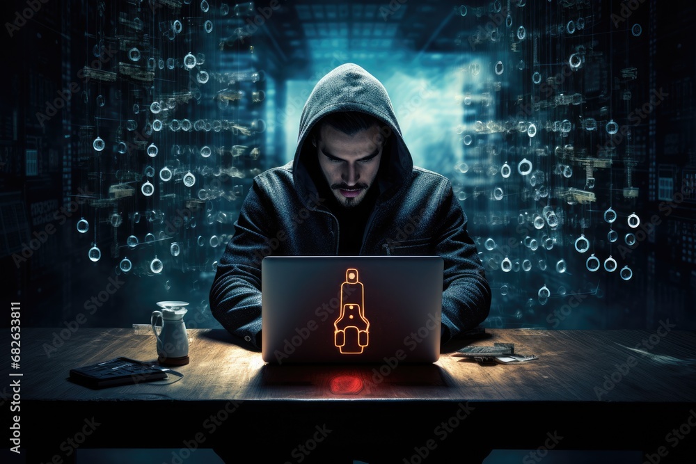 Poster hacker at work with laptop and binary code concept on the background, a cyber security expert workin