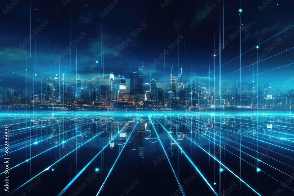 Aufkleber abstract digital technology concept with cityscape and binary code in blue tone, a futuristic urban 